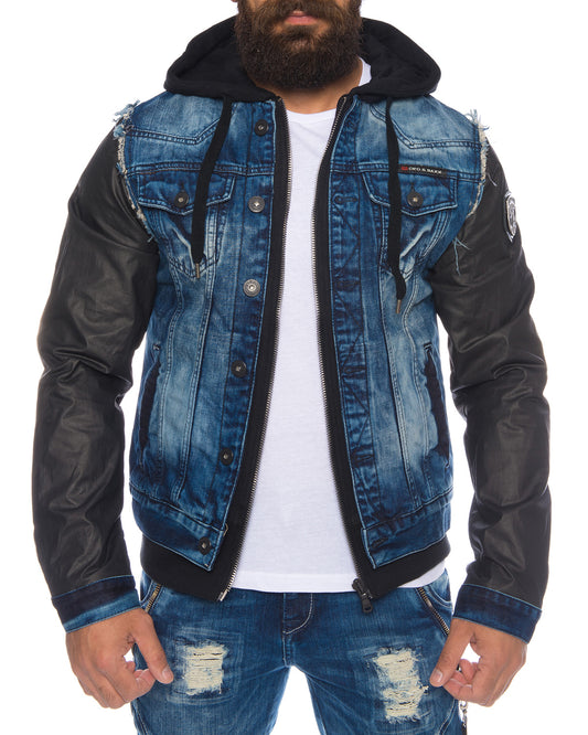 Cipo und Baxx Herren Kapuzen Jeans Biker Jacke mit Kunstlederärmeln