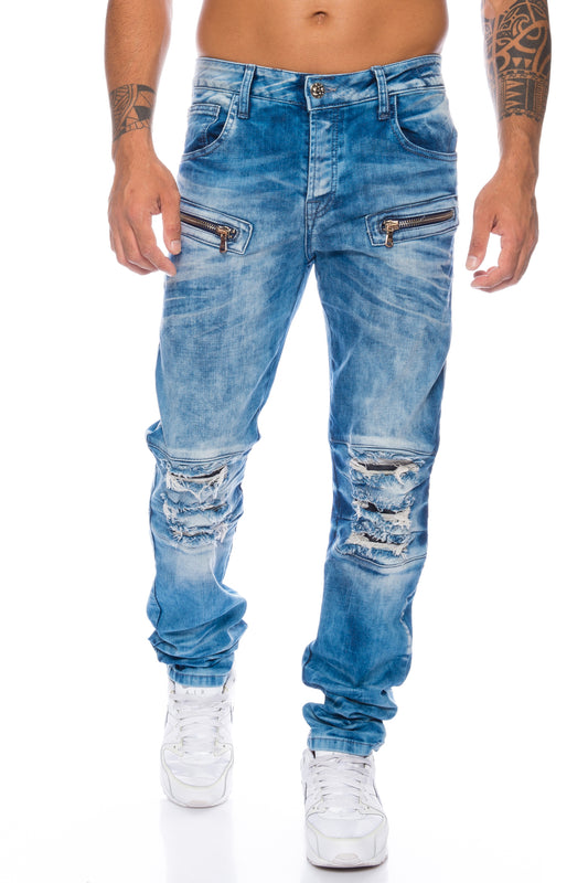 Cipo und Baxx Herren Jeans Hose in blau mit stylischen destroyed Stellen und Zierreißverschlüssen.