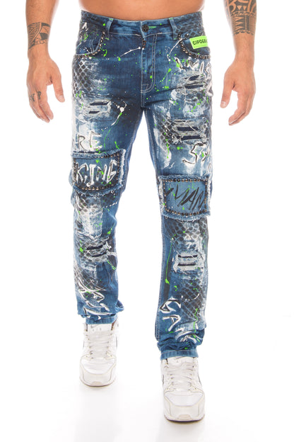 Cipo & Baxx Herren Jeans Hose in blau mit stylischen Farbprints im Graffiti Look, dazu die ausgefallene destroyed Waschung.