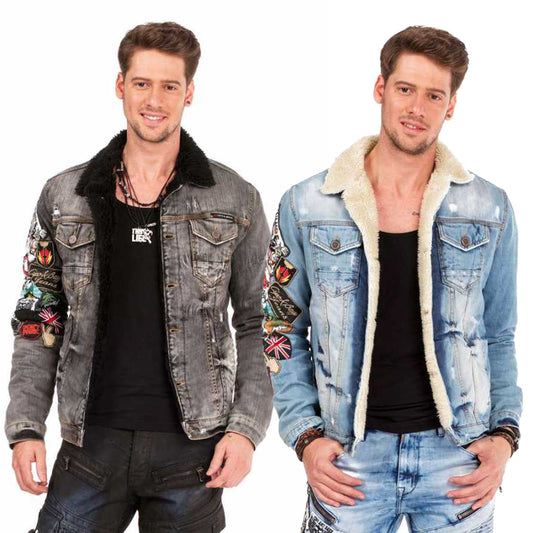 Cipo & Baxx Herren Jeans Jacke in grau und blau mit Teddyfellfütterung und farbigen Logopatches an den Ärmeln.