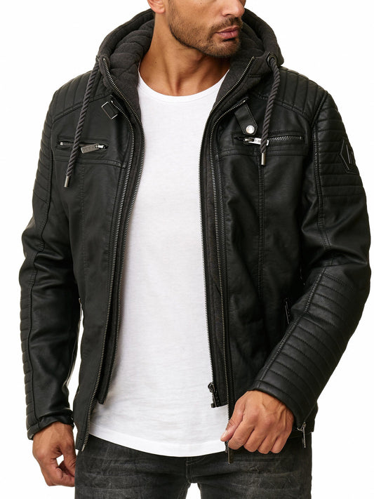 Redbridge Herren Kunstleder Jacke in schwarz im Bikerlook mit integrierter Sweatjacke.