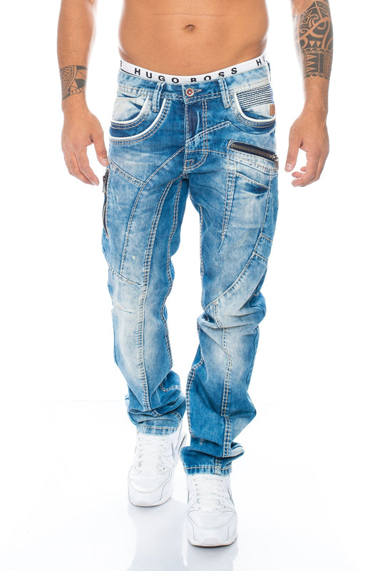 Cipo und Baxx Herren Jeans Hose in blau im ausgefallenem Design mit dicken Kontrast Nähten und ausgefallener Waschung