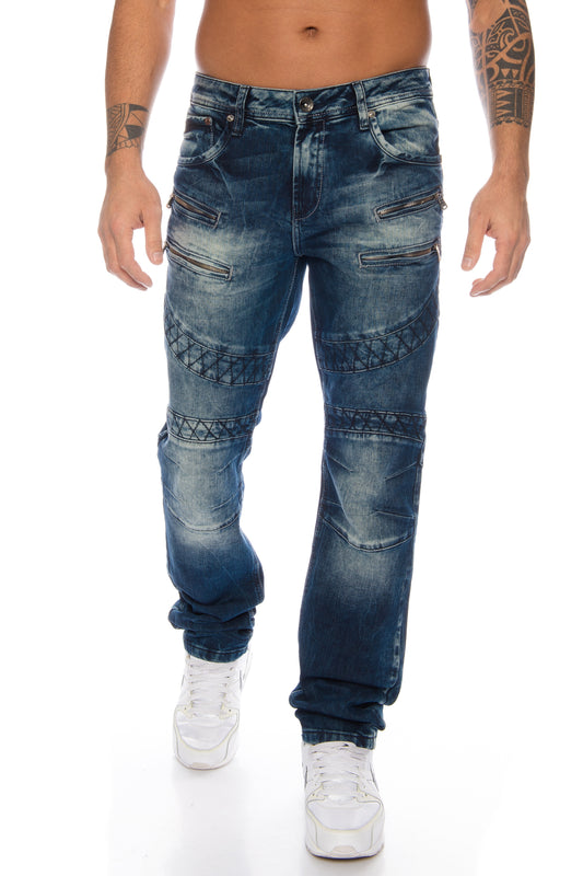 Cipo und Baxx Herren Jeans Hose in dunkelblau mit Kontrast Nähten und Zierreißverschlüssen.