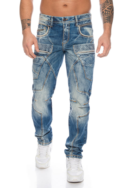 Cipo und Baxx Herren Jeans Hose in blau mit coolen Kontrast Nähten und Kabel 3D Druck.