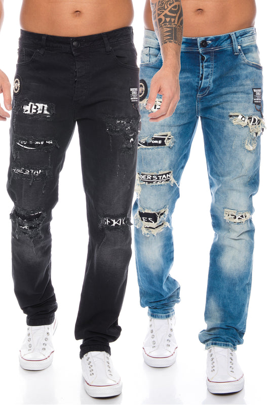 Cipo & Baxx Herren Jeans Hose in blau und schwarz mit ausgefallener destroyed Waschung, unterlegt mit Stoff, Zierkette gratisband.