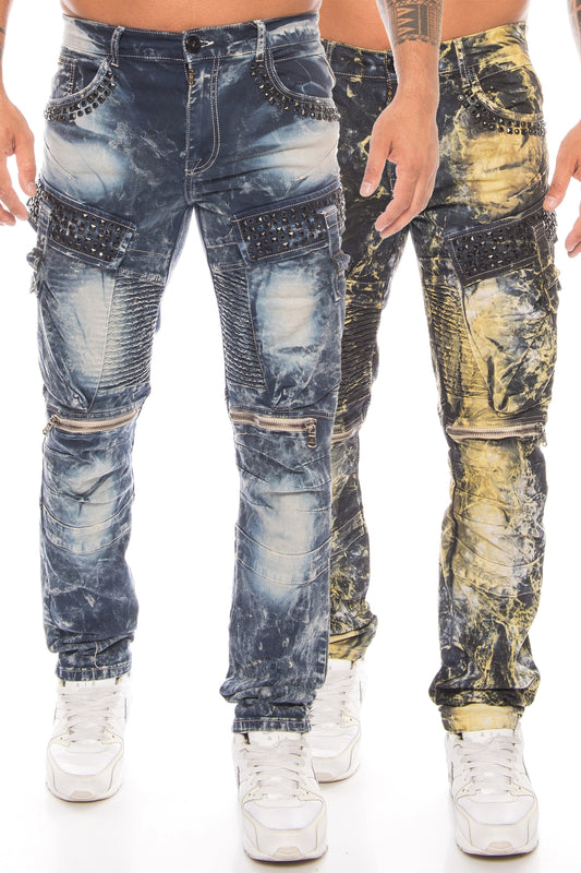 Cipo und Baxx Herren Cargo Jeans Hose in khaki und blau mit ausgefallener Batik Waschung und vielen Strasssteinen 