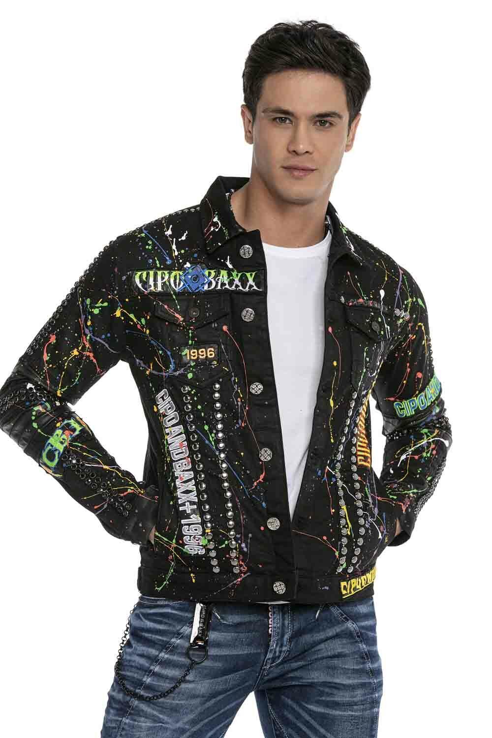 Cipo & Baxx Herren Jeans Jacke in schwarz mit aufwendiger Nietenverzierung und stylischen Neon Farbeffekten im Stoff. Großer Pitbull Print auf der Rückseite.